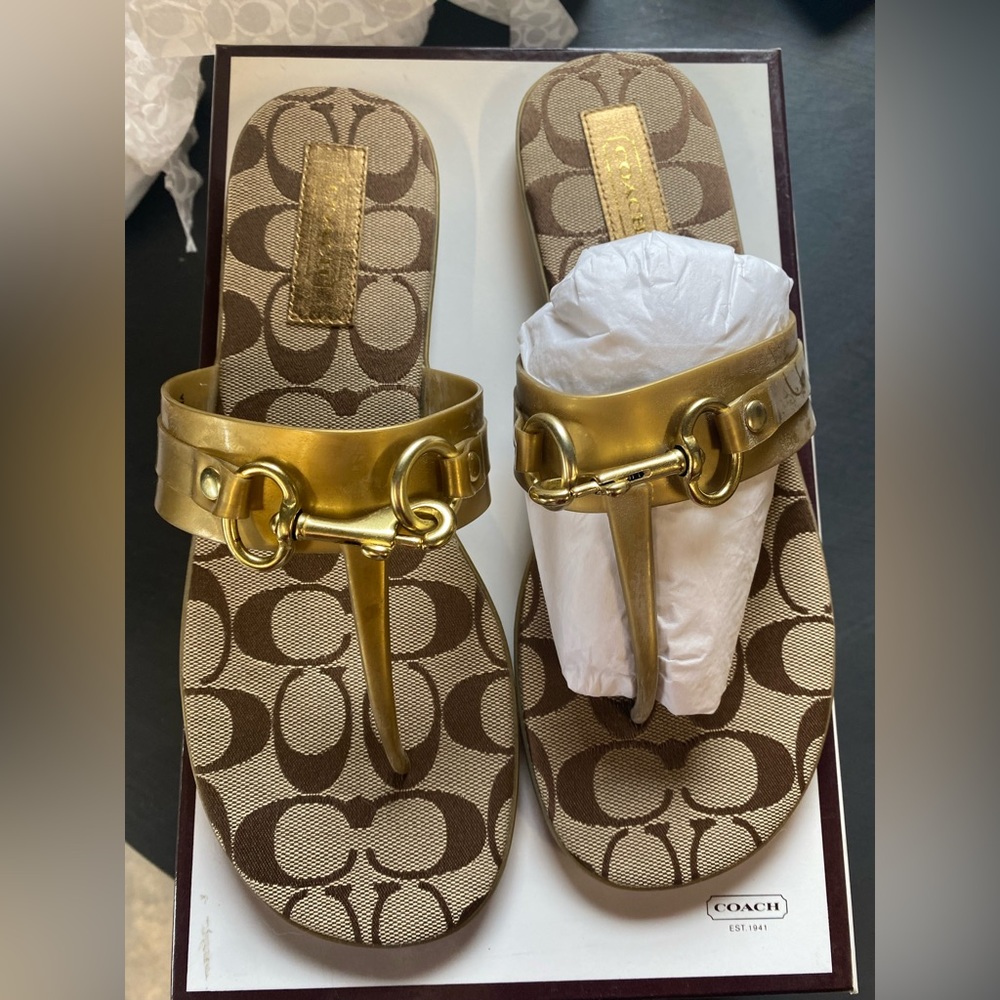 Gold and Tan Coach Flip Flops Size 9